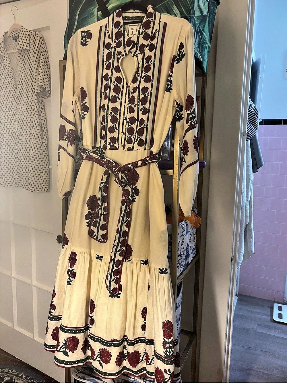 LÉA Floral Maxi Dress in Cream & Burgundy Size Large
